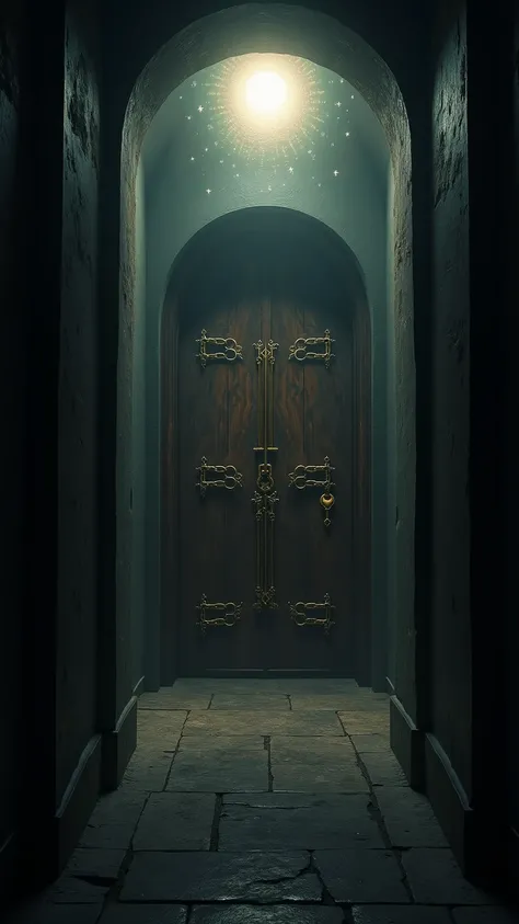 " A dark Gothic corridor with a solid wooden door at the end,  protected by golden chains and a halo of heavenly light , in a cinematic and mysterious style ."

