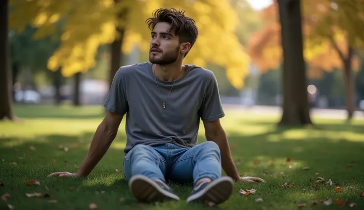 cody Christian, sitting in a park in Barcelona ,  wearing a t-shirt and jeans,  soft and natural lighting , Cinematic and melancholic, ( better quality,4k,8K,highres, masterpiece:1.2),ultra-detallado,( realistic ,photo realistic ,photo- realistic :1.37),HD...