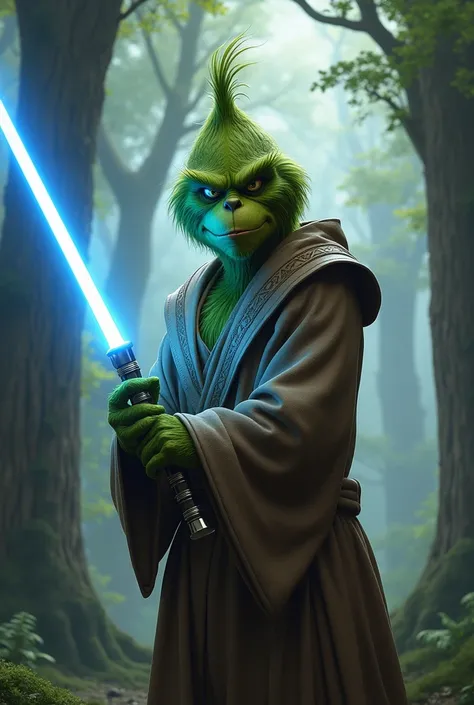 The grinch as a jedi with blue lightsaber