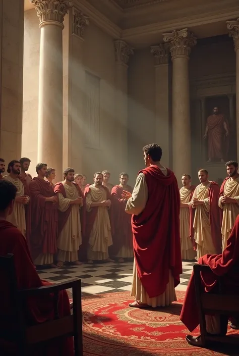  Julius Caesar at the center of the Roman Senate,  solemnly announcing : “The die is cast” .