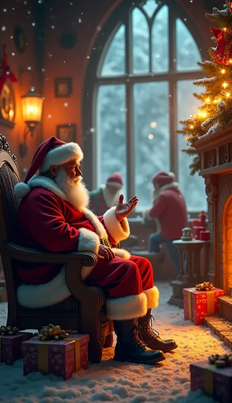 A cinematic scene set in Santa’s workshop at the North Pole. The room is filled with warm golden light from glowing lanterns, reflecting off sparkling icicles and frosted windows. Santa Claus sits in his grand wooden chair by the fireplace, his red suit co...