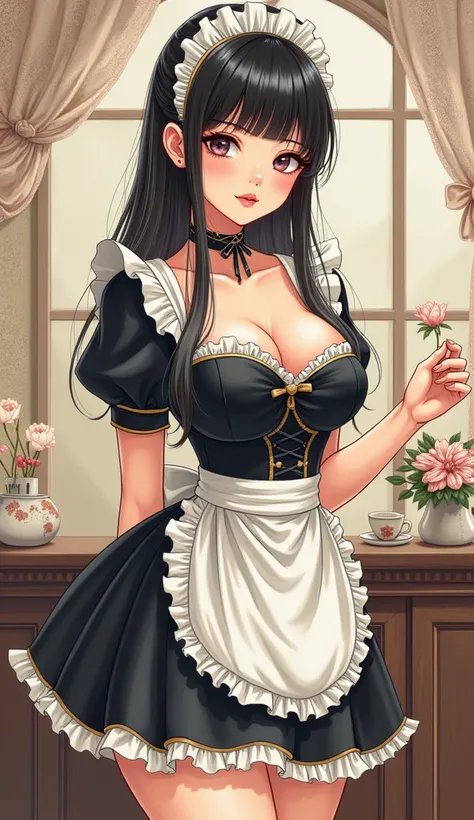  the proportions and detailed textures multicolor brushwork and softened with airbrush, a semi-realistic ink china illustration resembling (in high quality of full body) a young girl dressed in a traditional "maids" style café outfit. The outfit includes a...