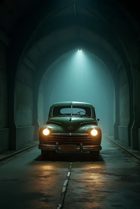  An old car crossing a dark tunnel ,  with headlight lights flashing irregularly, partially illuminating the road ahead .