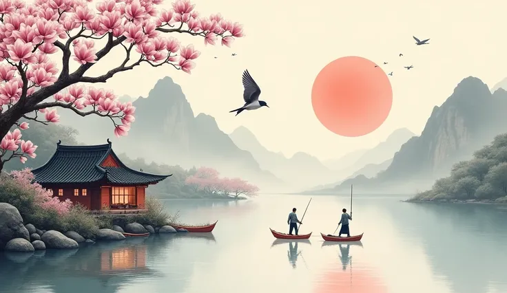 Equinox，Sun terms in Traditional Chinese，(((Magnolia flower)))，national style，Ink style，Single-color background, mountaint and traditional house, With fishermen with small boats on the beautiful lake and cleavage(((swallow)))flying though the air，Landscape...