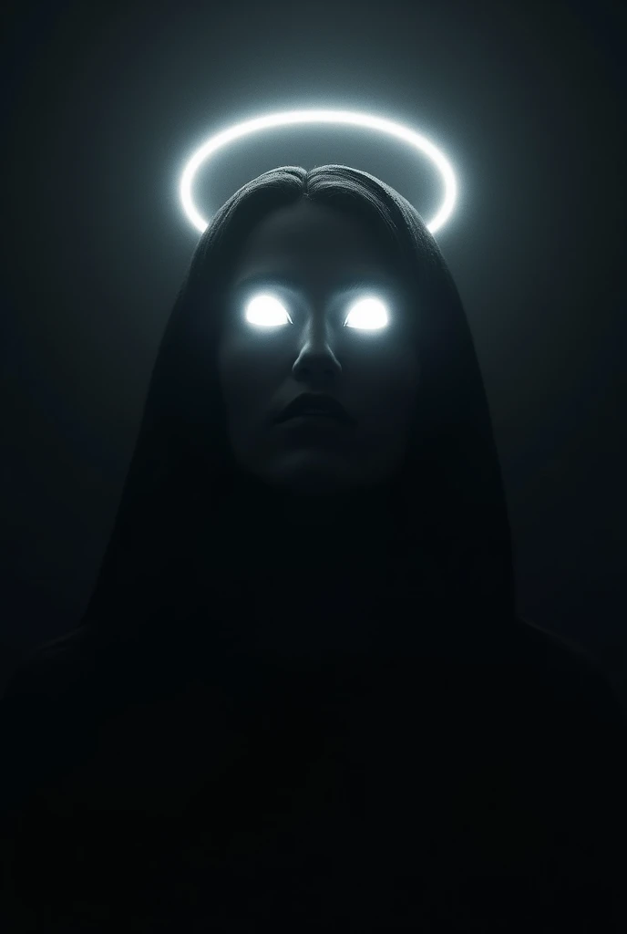 black background where you can only see white eyes with an angels aura on their heads,  but all you can see is the eyes and the aureole and the completely black background.