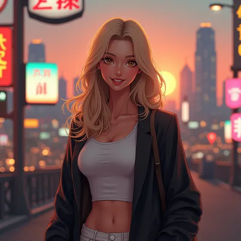                photorealistic image             :                            BLONDE WOMAN              ,  honey eyes  ,               medium-long hair               ,    golden skin and a thin             , defined waist. 

. First Contact with the City 
"...