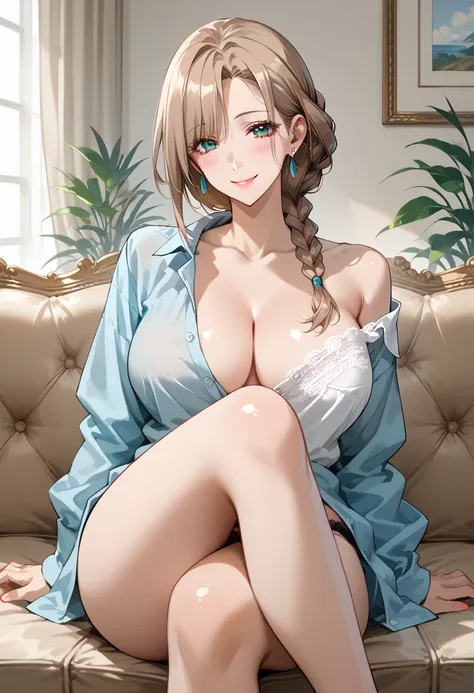 Milf, big breasts, slightly blushing, gentle smile, motherly, light brunette hair, long princess braid, earrings, oversized boyfriend unbuttoned shirt, (one bare shoulder, lace panties), look at viewer, sit on couch, crossed legs, at home