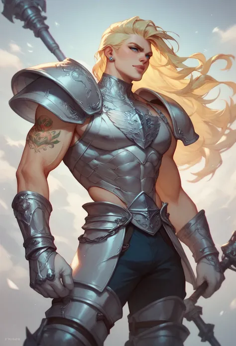 a warrior with white hawk armor, long and tall light yellow hair, a sonic rapier, tattoo on his right arm, thin athletic body, blue eyes, high definition 8k