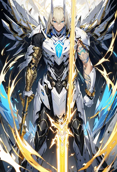 a warrior with white hawk armor, long and tall light yellow hair, a sonic rapier, tattoo on his right arm, thin athletic body, blue eyes, high definition 8k