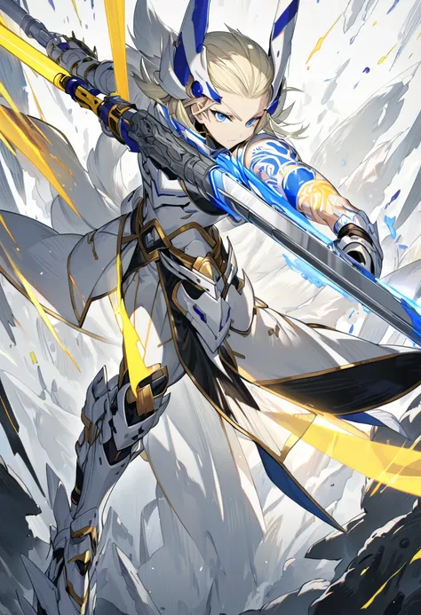 a warrior with white hawk armor, long and tall light yellow hair, a sonic rapier, tattoo on his right arm, thin athletic body, blue eyes, high definition 8k