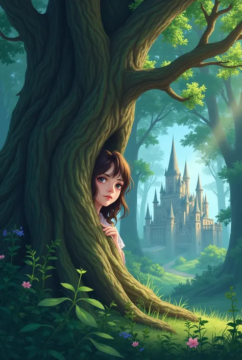 anime,  woman hidden behind a tree, forest, medieval wizarding world .