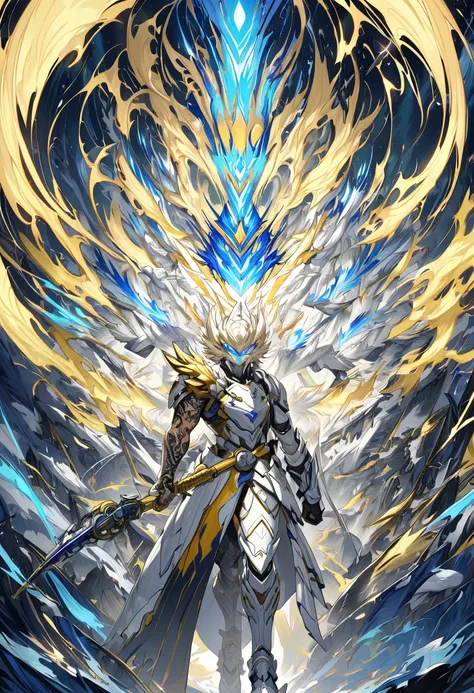 a warrior with white hawk armor, long and tall light yellow hair, a sonic rapier, tattoo on his right arm, thin athletic body, blue eyes, high definition 8k