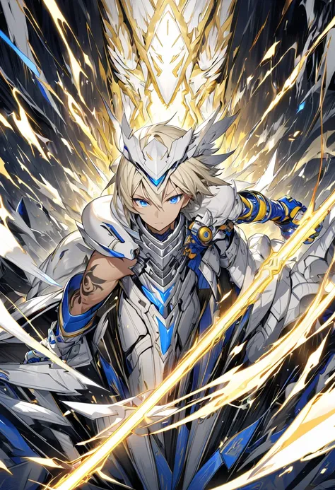 a warrior with white hawk armor, long and tall light yellow hair, a sonic rapier, tattoo on his right arm, thin athletic body, blue eyes, high definition 8k