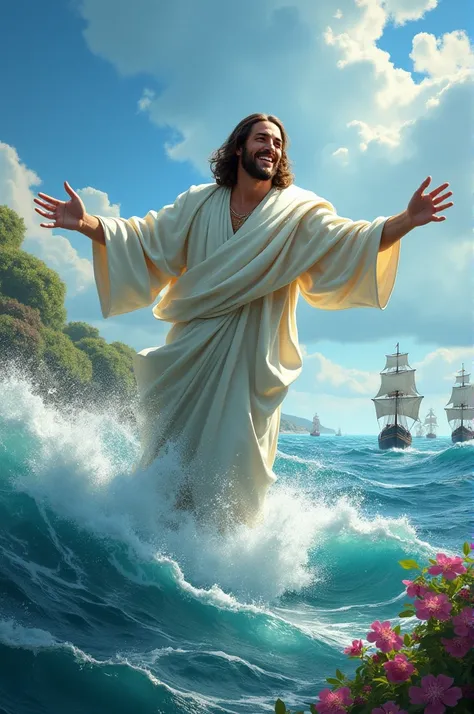  Jesus making a storm on the sea,  with the movement of his hands ,  smiling ,  floating on seawater  , blue sky,  shrub blossom on the shore  , ships in the water 