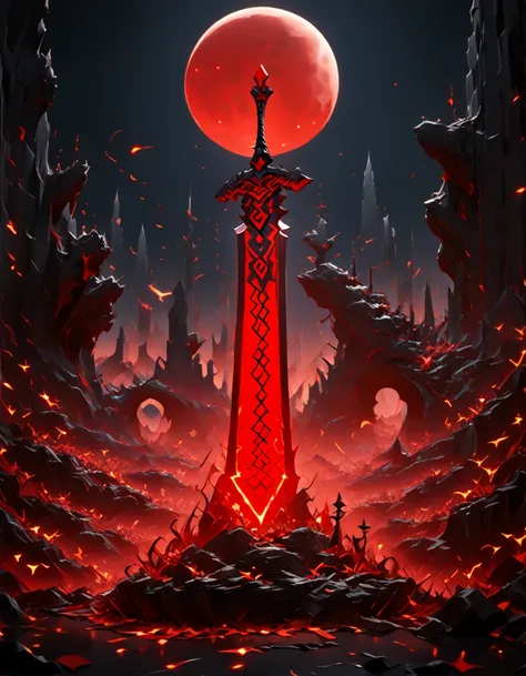 Detailed 8k Red Runic Sword with Moon in the Background 