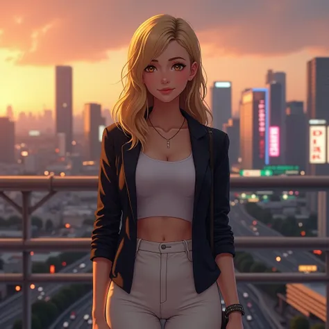                photorealistic image             :                            BLONDE WOMAN              ,  honey eyes  ,               medium-long hair               ,    golden skin and a thin             , defined waist. 

. First Contact with the City 
"...