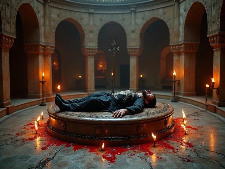 a round room in the center an obsidian altar and lying on the altar the body of a man dressed in old Arabic-style black clothes with a silver stake stuck in his heart, Blood under the floor,  several chains tie the body to the altar .  The walls are decora...