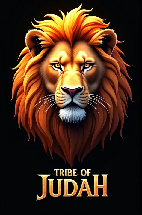  Super realistic logo in HD of an imposing lion with orange mane, black background and letter that says Tribe of Judah  