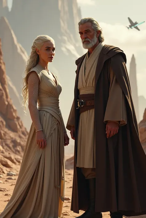 Daenerys Targaryen in Star Wars Obi-Wan Kenobi stands next to her photorealistic 