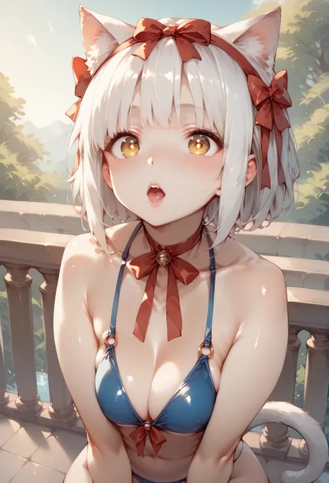 1 girl, pale skin, White cat ears, ((by//white color)), 1 red litlle ribbon bow sobre el by,  yellow pupils ,  big eyes, pecho mediano, high hips ,  shiny leather, Blue Bikini, on a balcony.