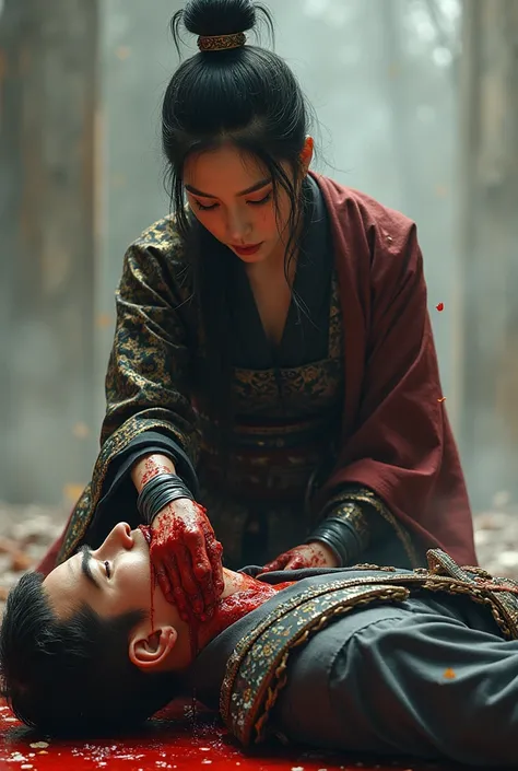 Hight quality, realistic, very beautiful woman shogun, cut throat a male, neck bloody splash, neck slashed, throat contents, neck wide open at the cut, boy mouth blood splashing, talk teks, boy full face ninja mask