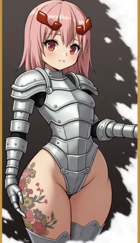 1girl, absurd, red eyes, reinforced crotch area, locked in tightness steel armor, sealed in armor, intricately engraved heavy armor, solid armor, thick plates, forged edges, tight fit collar, trick steel, welded seams, sexy look, high waist, super slim wai...