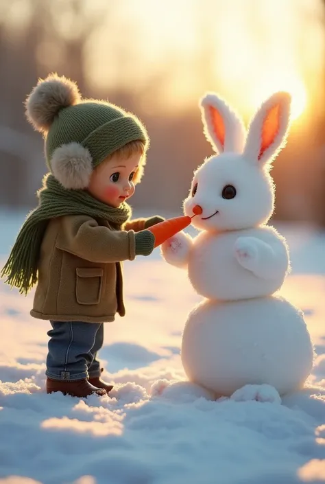 In a snow-covered meadow, a doll-like boy wearing a green scarf and earmuffs offers a carrot to a friendly snow-white rabbit. The rabbit stands on its hind legs, eagerly sniffing the treat. Nearby, a snowman with a carrot nose and coal eyes adds to the whi...