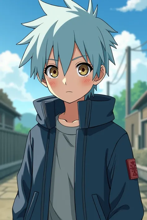  Generate the image of a boy around , with pale blue hair ,  hazel eyes and a stoic look , In the Naruto anime cartoon style
