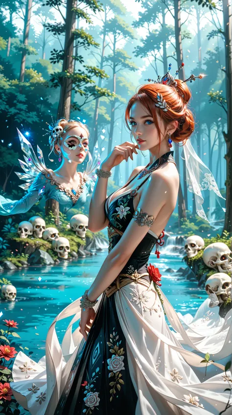 mysterious enchanting sorceress, adorned with a crystal clear skull, w Tweening elegant Japanese attire, surrounded by a hint of darkness, standing in a perplexing deep forest, m 
 
, , , , supernatural mystery of the fantasy creatures Girl in the anime wo...