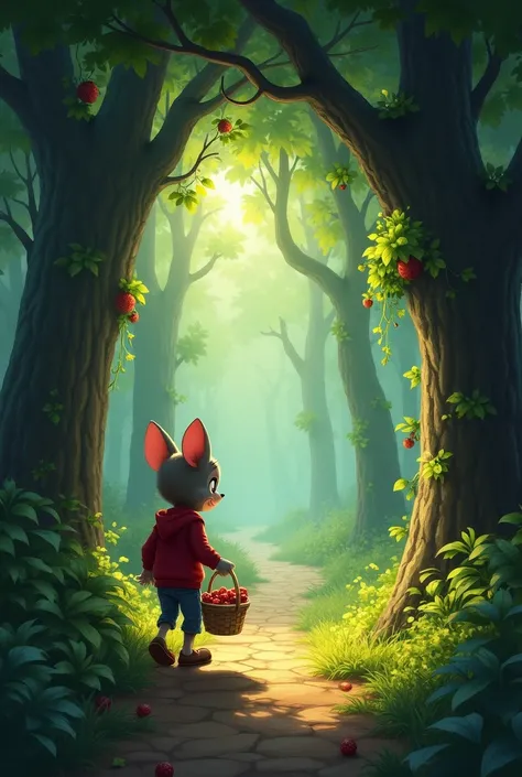 Show Tom stepping into the edge of a dense, mysterious forest with his basket in hand, ready to collect berries. His face is a mix of excitement and curiosity as he looks at the winding path ahead. The forest entrance is detailed with tall trees, hanging v...