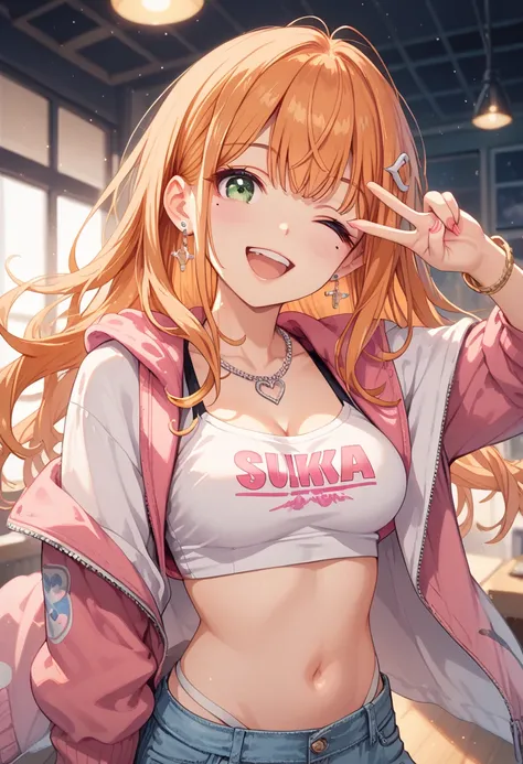 Sumika Shiun, 1girl, solo, long hair,medium breasts, looking at viewer, blush, smile, open mouth, orange hair, navel, jewelry, green eyes, earrings, open clothes, teeth, one eye closed, midriff, necklace, orange hair, open jacket, bracelet, crop top, mole ...