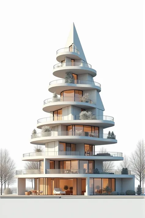 Create an architectural section of a residential building, with balconies, in the shape of a Christmas tree, with dimensions, level information, on an architectural board