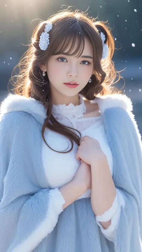 ( top quality , 【8k, 【32K， Very Clear Details ),Reality,  high resolution , 1. Japanese women, alone, (lolita costume)，Luxury Costumes ，facing the audience，( upper body，Upper limbs)，  beautiful eyes ,  Brown Hair , Rounded Eyes , (outside，heavy snow，Thick ...