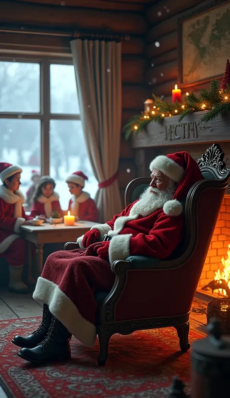 A cinematic scene set in Santa’s cozy wooden cabin at the North Pole, illuminated by the warm glow of a crackling fireplace. Santa Claus sits in a grand armchair, wrapped in a thick woolen blanket, his rosy cheeks pale and his beard slightly disheveled. A ...