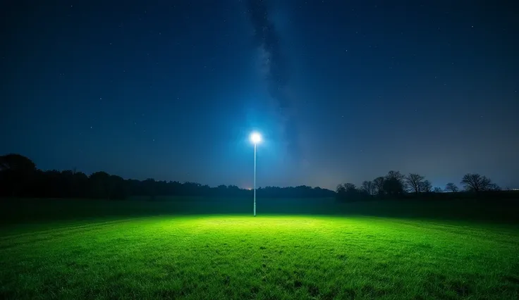 short lawn field green, ground view, only lawn and night sky, low angle, pitch
