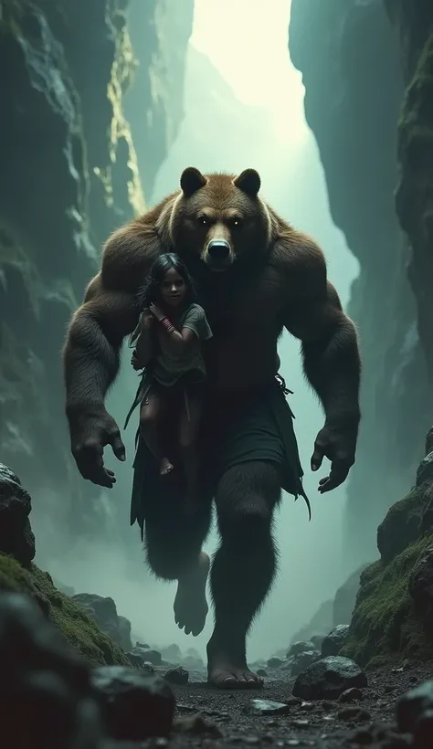 In a dark and gloomy gorge, lit only by scattered rays of light piercing the mist, a muscular giant with the head of a grizzly bear runs from danger, carefully carrying a  little black girl in his arms, barefoot, holding her. Firmly on your lap with your s...