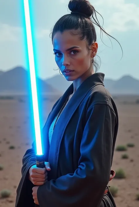 Zoe Kravitz as a Jedi in Star Wars with a blue double-bladed lightsaber 