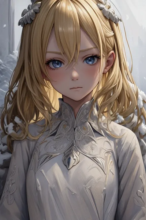 (oil, masterpiece,  top quality ,  Ultra Details,  focus on the character ),   Short Blonde Hair  , ([return:0.8]|[ face facing returnwards:1.1]),  Serious Face , ([A cold scenario:1.2]|[ snowy returnground:1.3]| [ High Contrast :1.1])  