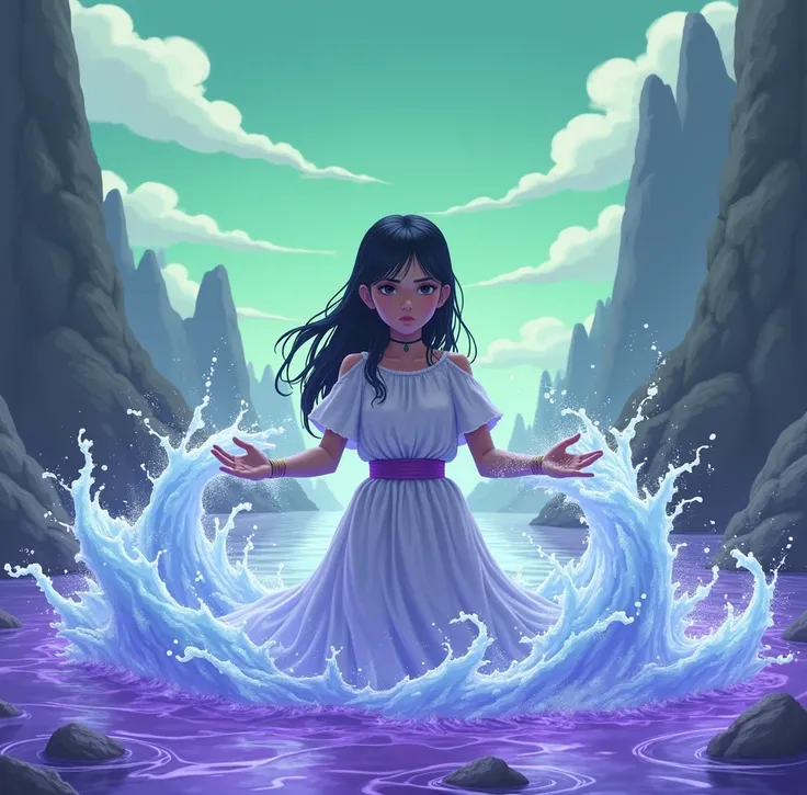  Girl who has water powers and is using her hands to do a technique that looks like a turbulent tide and is in a parallel world where the sky is green, there are a lot of big rocks and purple water 