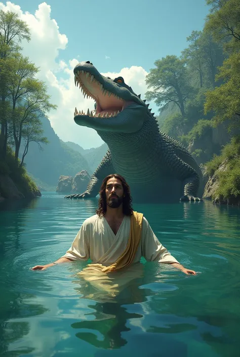 I want a picture of Jesus swimming in a lake and theres an alligator right behind him, a giant alligator.