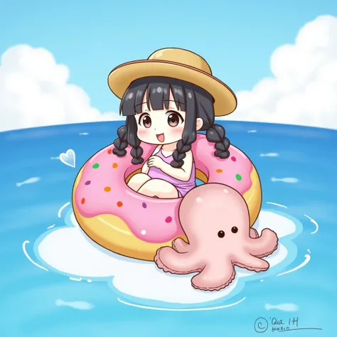 Cute Anime、Chibi、  cute girl、 high res, bangs, Bangs, ,  black hair,  double braids, Pink swimsuit 、 straw hat on girls head 、 floating on a large doughnut pattern float、 pet octopus is the same 、 straw hat over pet octopus head 、 beautiful sea、beautiful c...