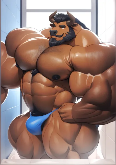 Por pokemon massive bodybuilder tauros pokemon  with blue thong anthropomorphic, tauros pokemon  is a bodybuilder with exaggerated muscles, Gay tauros pokemon with endomorphic body  strong physique, very muscular,  perfect anatomy ,  masterpiece , beard,  ...