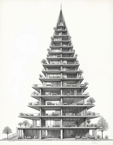 Create an architectural board, of a section, of a building in the shape of a Christmas tree, the architectural board must contain dimensions, texts, levels,