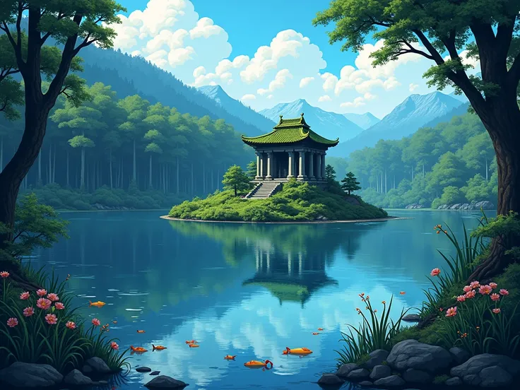  A lake hidden among the densest trees of the forest ,  with waters so clear that they reflect the sky like a perfect mirror . Around the lake, reeds and aquatic flowers ,  grow while small creatures swim in its depths .  On a small island in the center of...