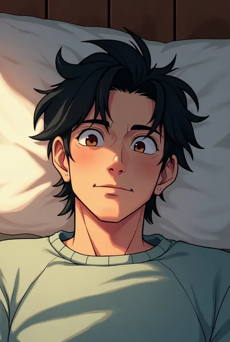 {{{best quality}}}, {1man}, tan, 30 year old man, 30s, judgmental eyes, condescending, tired eyes, man, {adult age}, pale, medium length hair, sassy, flamboyant, bed, pillow, bedroom, manhwa, cozy, messy hair, longer hair, styled hair, kpop, comfy, tired e...