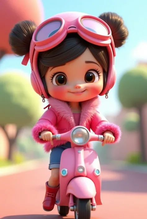 A 3D Pixar-style animated character of a cute and adorable  girl. She has her hair in two buns and bangs, with clear, detailed hair fibers. She is riding a pastel pink scooter with a sleek and shiny finish, matching the playful and energetic vibe. She is w...