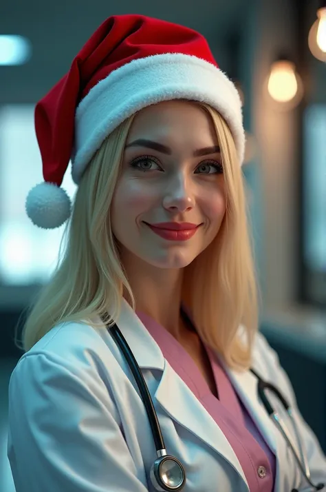 a blonde doctor,  with her straight hair , Cut Chaneel ,   with a Santa hat on her head,  with a smile on its face , arte cinematic realistic