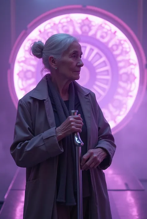 An elderly woman stands on a futuristic platform, bathed in soft purple lighting that casts an ethereal glow. She holds a sleek, metallic cane, her silver hair tied in a neat bun. Behind her, a large, glowing circular structure with intricate patterns adds...