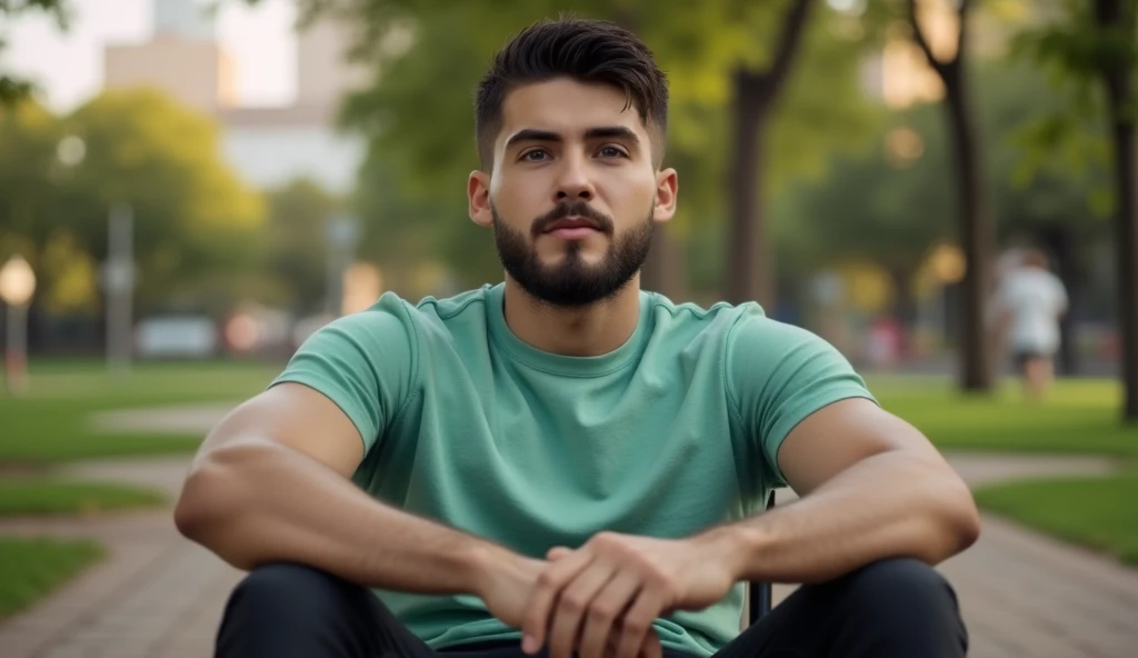  40-year-old Latino man ,  light brown skin, medium cropped beard ,  sitting in the urban park of Santa Cruz de la Sierra Bolivia ,  wears a light petrol green t-shirt and black jeans,  soft and natural lighting , Cinematic and melancholic, ( better qualit...