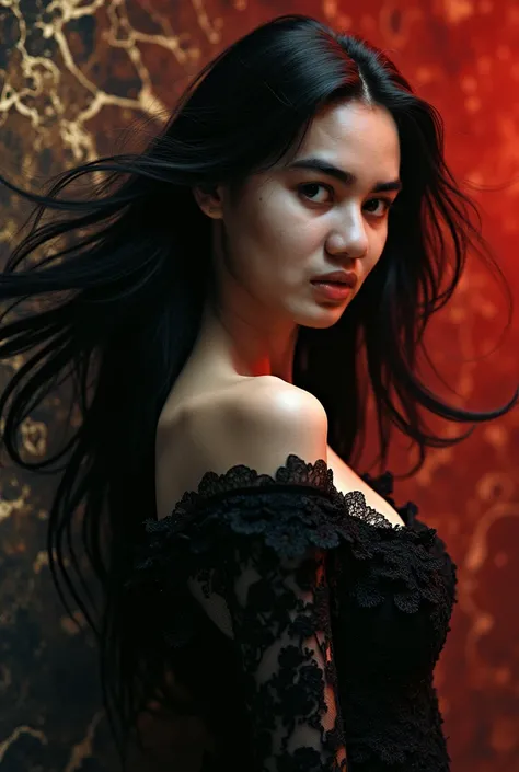 a beautiful vampire woman, intricate marble texture, black red gold colors, highly detailed, abstract, BY Anne Bachelier, cinematic lighting, chiaroscuro, dramatic shadows, atmospheric, ethereal, surreal, marble material, flawless skin, piercing eyes, shar...